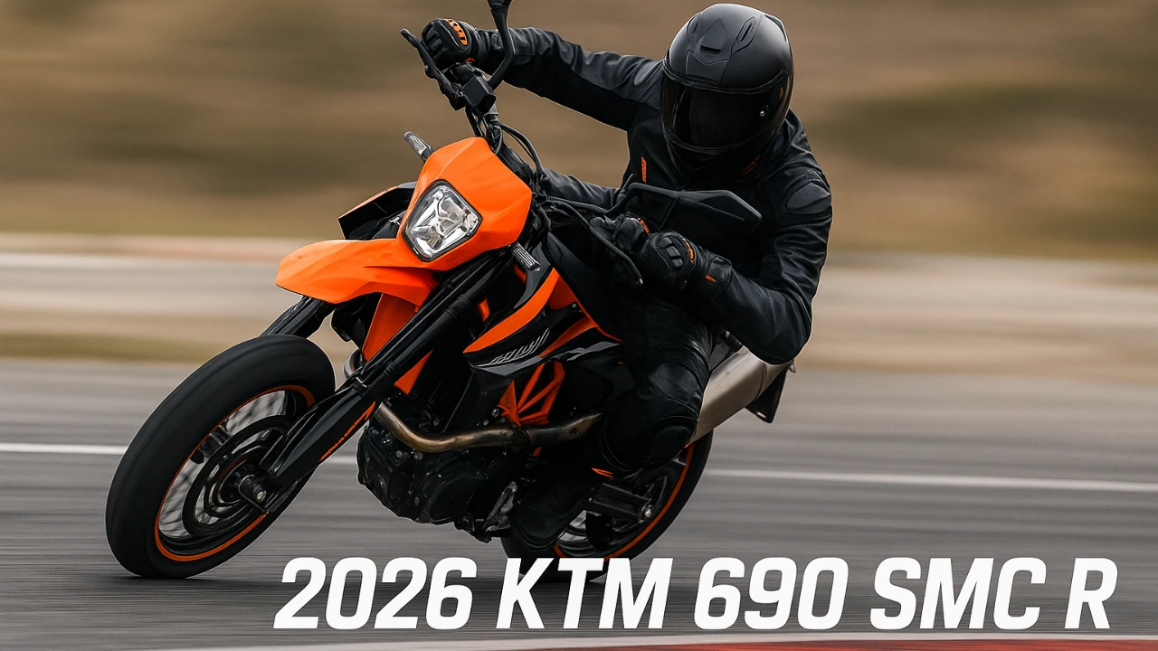 2026 KTM 690 SMC R Supermoto motorcycle leaning aggressively into a corner on a racetrack, featuring KTM’s signature orange, black, and white livery with motion blur for a dynamic speed effect.