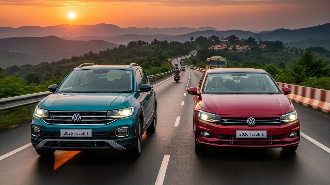 The 2026 Volkswagen Taigun and Virtus facelifts driving on an Indian highway at sunset.