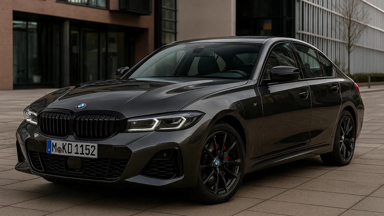 BMW '50 Jahre' India edition 3 Series sedan in a dark grey metallic color, showcasing its front three-quarter view with blacked-out grille and alloy wheels.