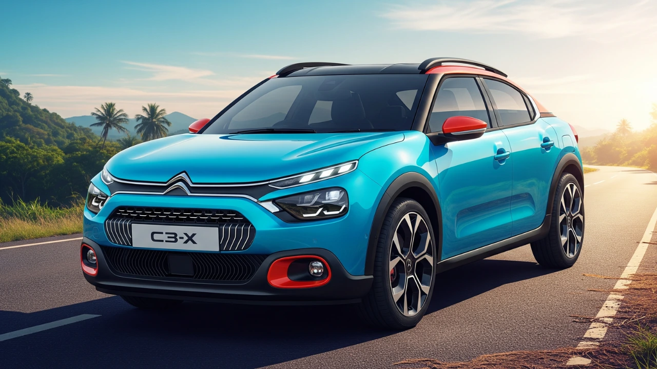 A stylish and vibrant blue Citroen C3X coupe SUV, India's new under-Rs 10 lakh car, driving on a scenic road with a sunset backdrop.