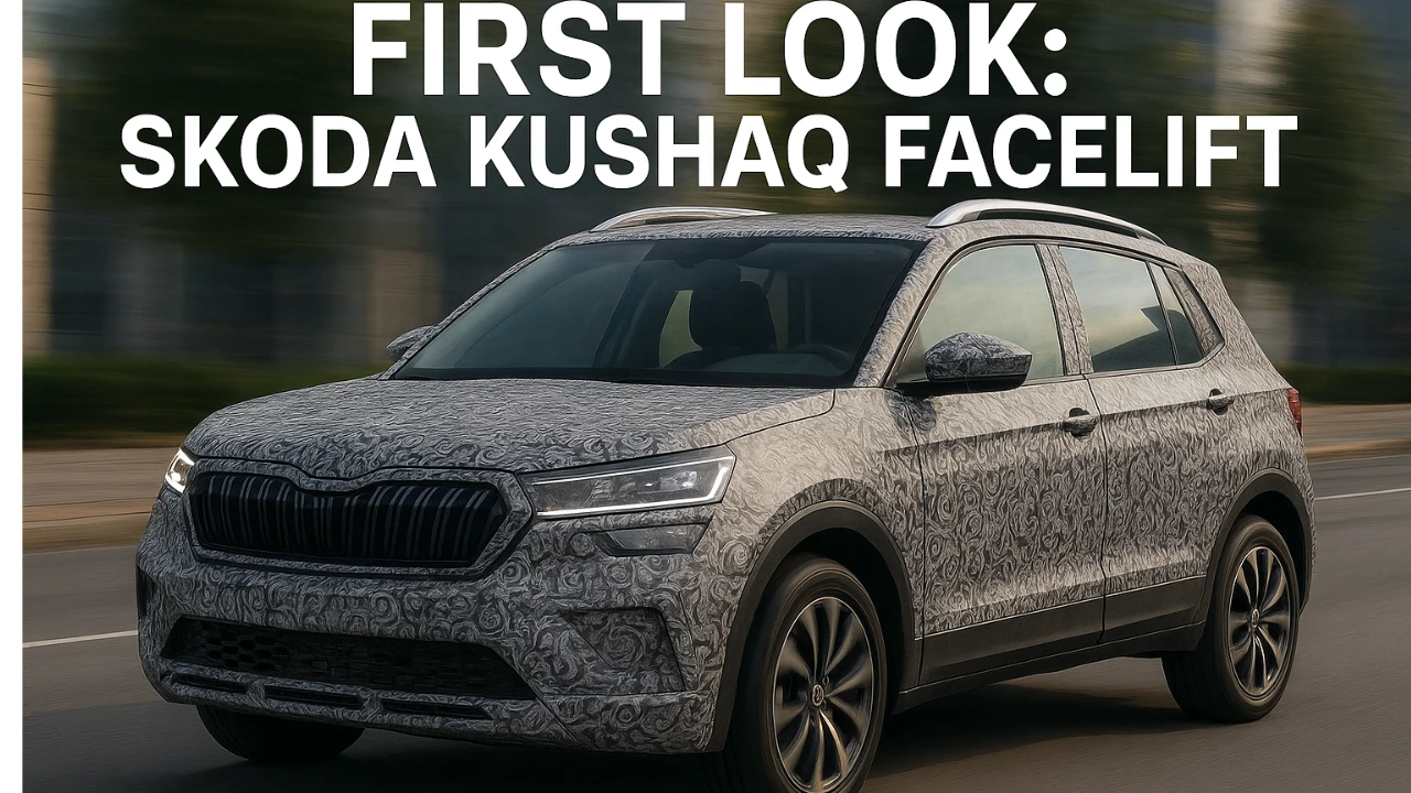 Skoda Kushaq facelift prototype caught testing in camouflage with LED headlights and new alloy wheels on a city road.