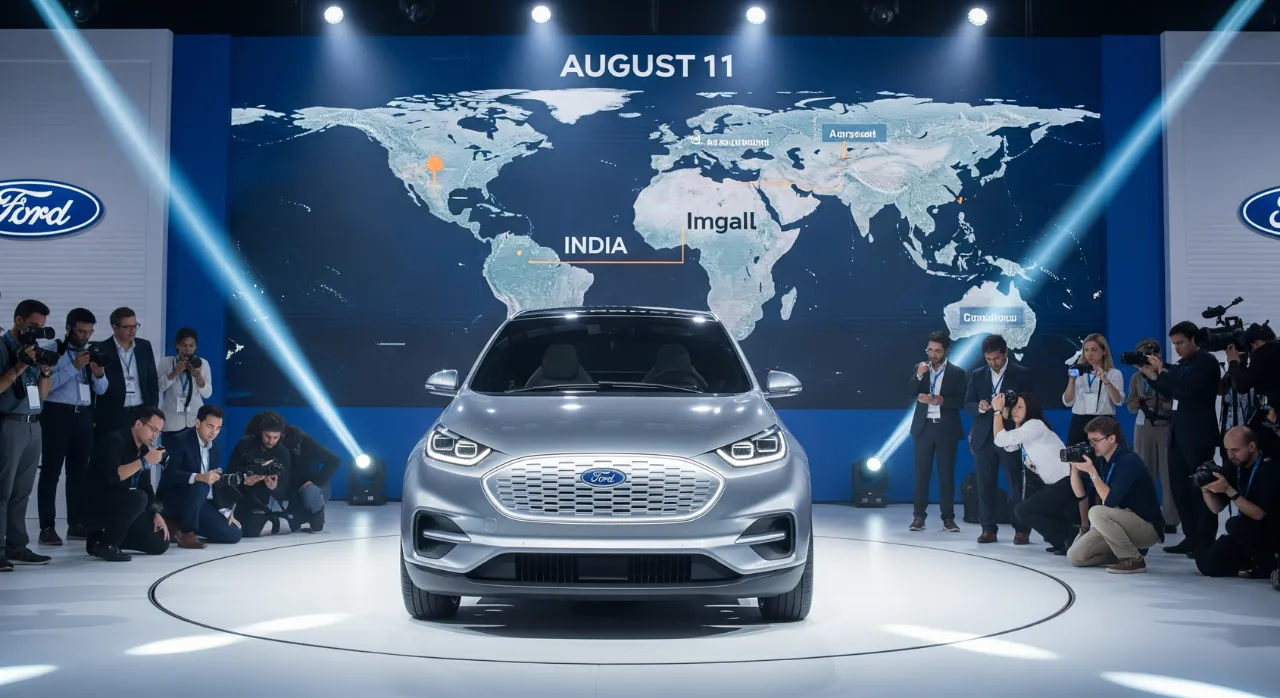 Ford low-cost EV on stage with "August 11" and a world map highlighting India.