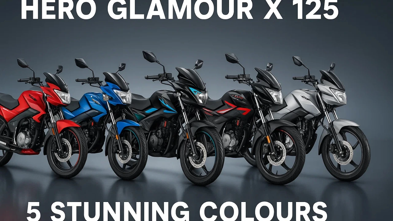 Hero Glamour X 125 in all five stunning colours, including Candy Blazing Red, Metallic Nexus Blue, Black Teal Blue, Black Pearl Red, and Matt Magnetic Silver, lined up together.