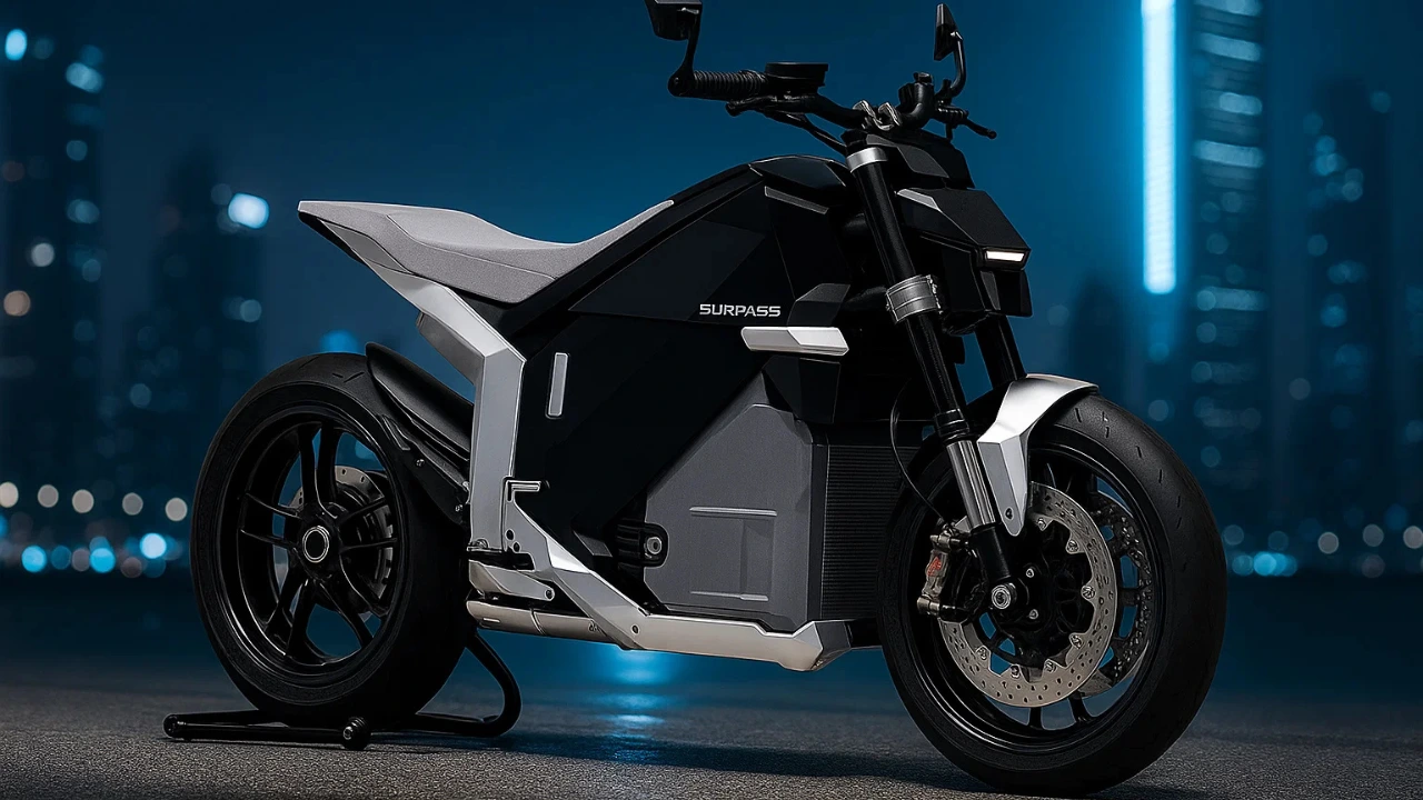 A sleek Honda electric motorcycle with a sporty design and the word "SURPASS" on the side.