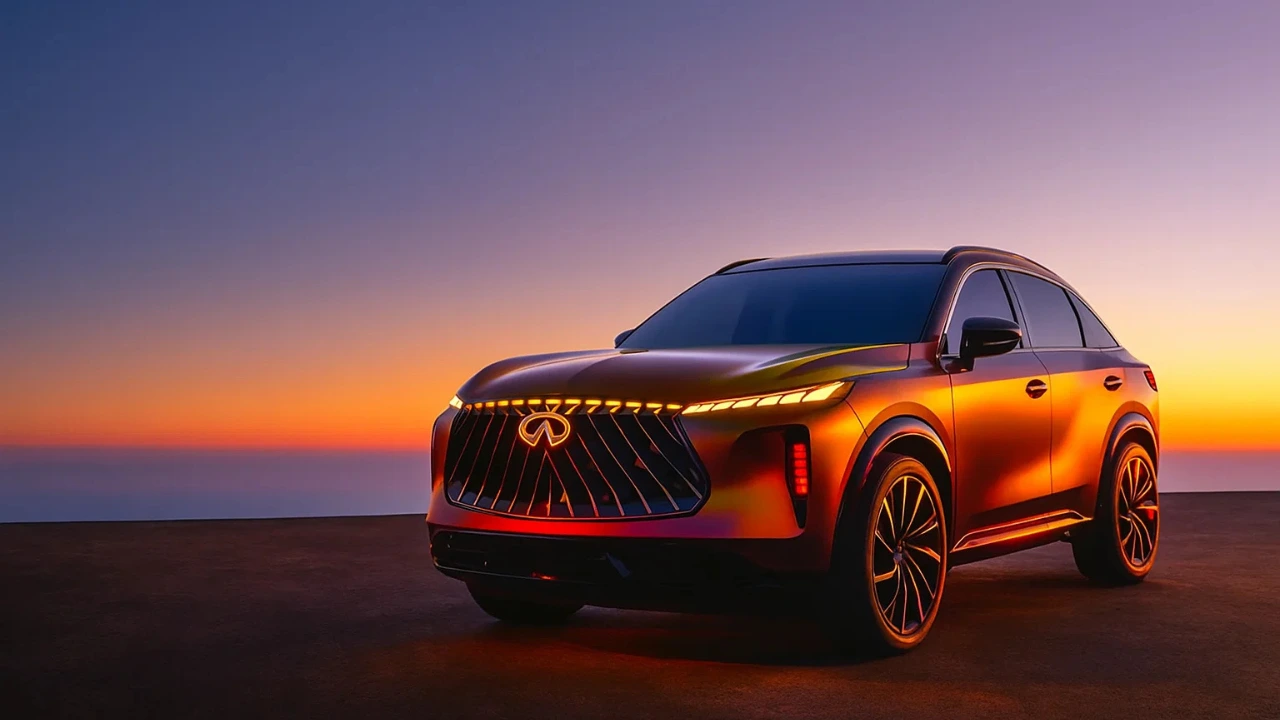 Infiniti QX65 Monograph concept: fastback SUV with signature grille and sunset backdrop.
