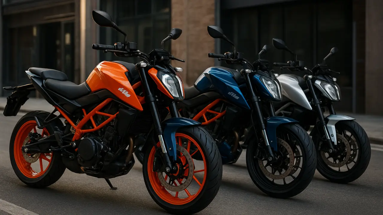 High-resolution image showing the KTM 160 Duke in three color options-Electronic Orange, Atlantic Blue, and Silver Metallic Matte-parked side by side on an urban street, highlighting the bold design and vibrant orange frame.