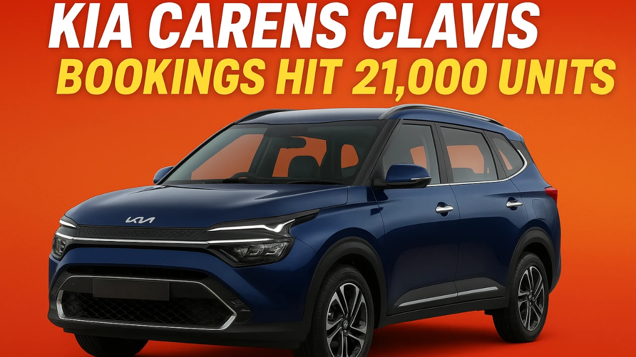 Kia Carens Clavis in deep blue with headline text “Kia Carens Clavis Bookings Hit 21,000 Units” on a red-orange gradient background.