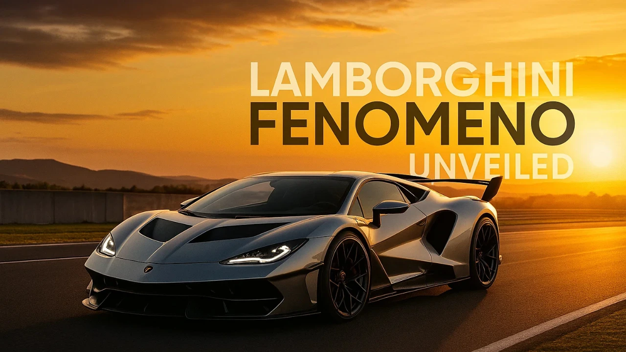 Lamborghini Fenomeno hypercar driving on a road at sunset, highlighting its sleek design and aggressive styling.