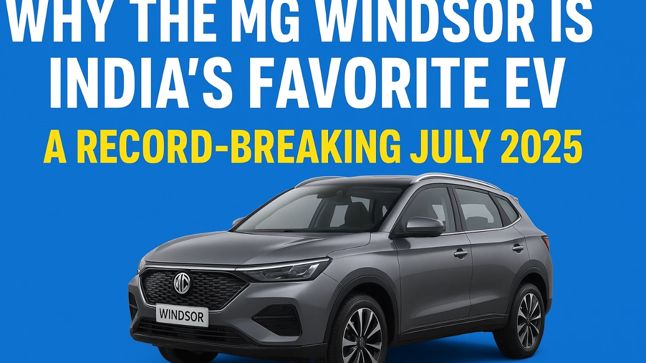 MG Windsor SUV in metallic gray with bold text reading "Why the MG Windsor is India’s Favorite EV – A Record-Breaking July 2025" on a blue background.