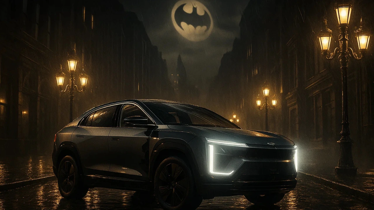 Mahindra BE 6 Batman Edition EV under Bat-Signal moonlight on a rainy Indian street.