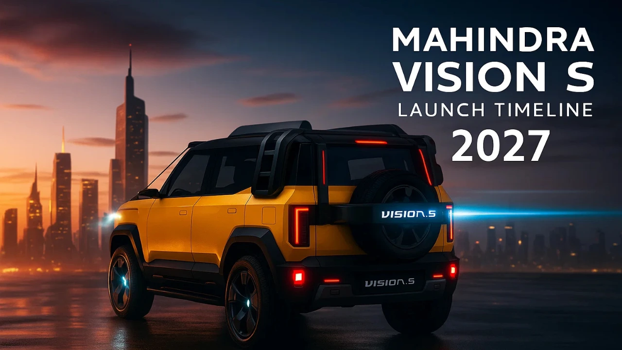 Mahindra Vision S concept SUV rear view with rugged boxy design, spare wheel, vertical tail lamps, and text “Mahindra Vision S Launch Timeline 2027