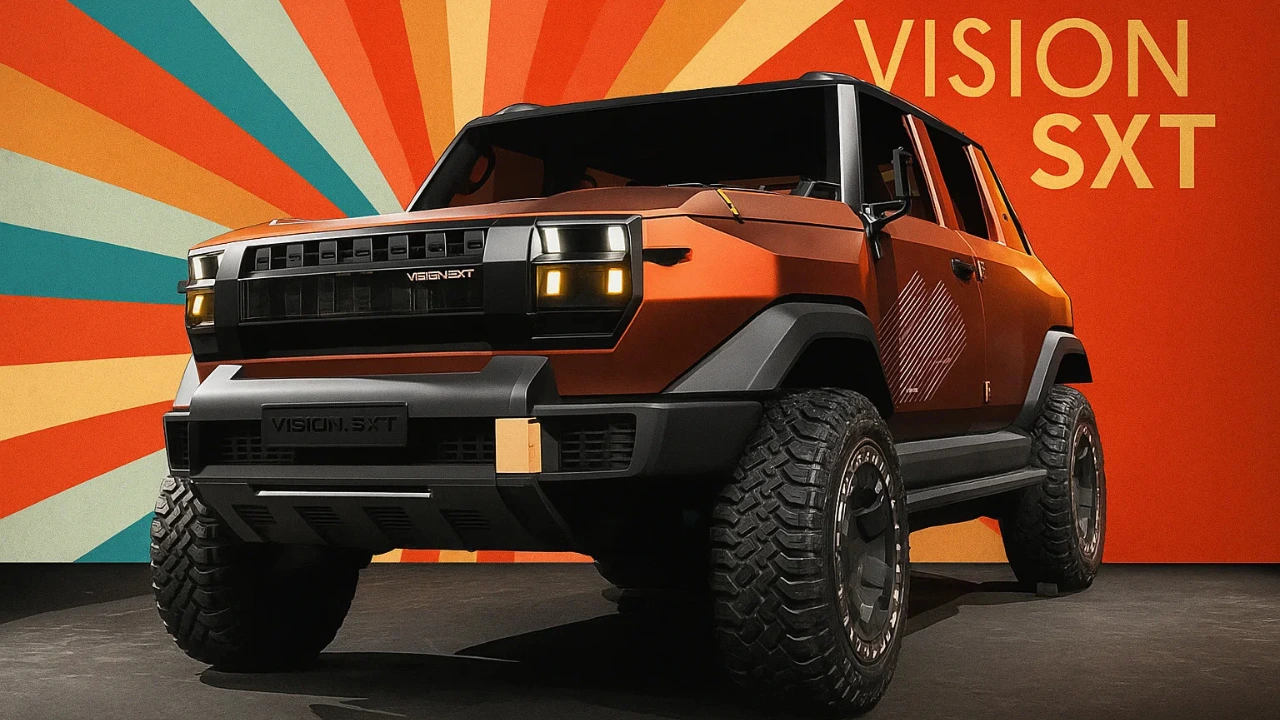 Mahindra Vision SXT Concept: Orange and black off-road pickup truck, front view.