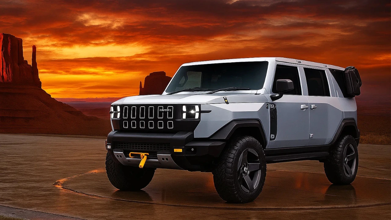 Mahindra Vision T Concept: Futuristic electric SUV and future Mahindra Thar EV against sunset.