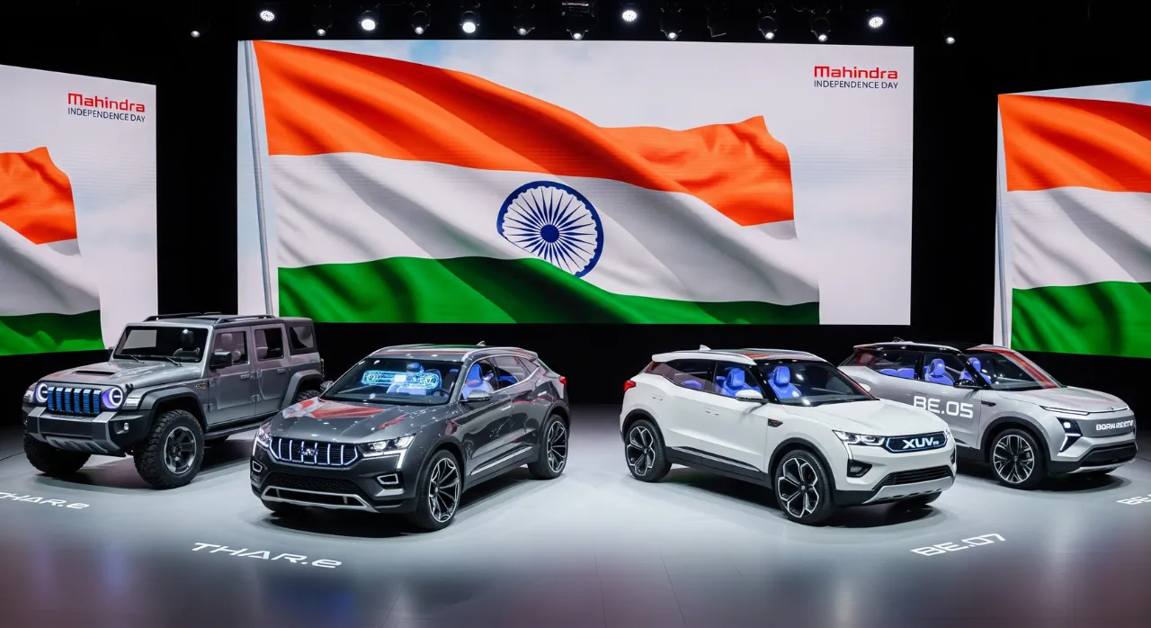 Four sleek Mahindra SUV concepts onIndependence Day a stage with the Indian flag backdrop, teasing a big reveal.