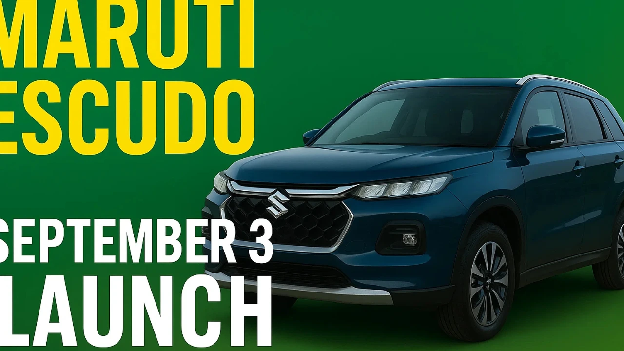 Maruti Escudo September 3 Launch: Blue SUV on a green background with text announcing the car and launch date.