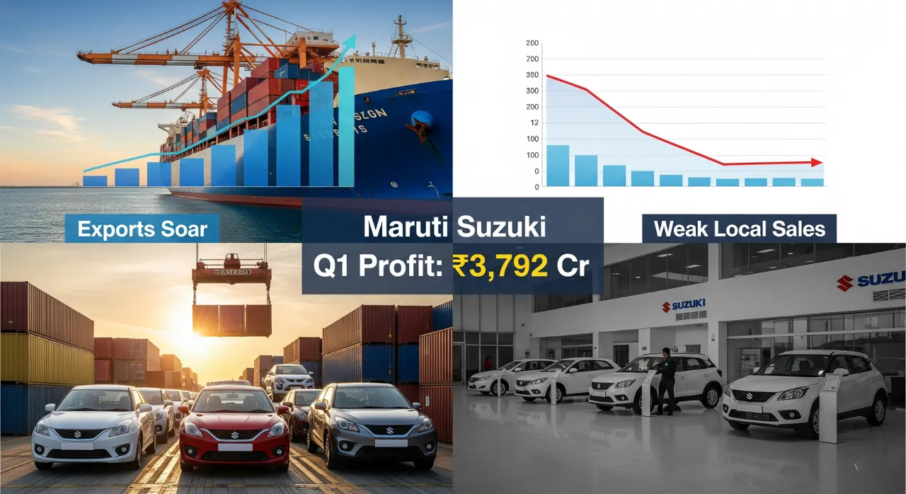 Split image showing Maruti Suzuki cars loading onto a ship (exports soaring) and an empty dealership (weak local sales), with "Q1 Profit: ₹3,792 Cr" highlighted.