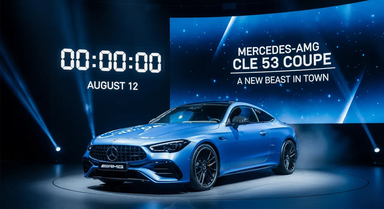 Blue Mercedes-AMG CLE 53 Coupe on stage with an August 12 countdown and "A New Beast in Town" text.