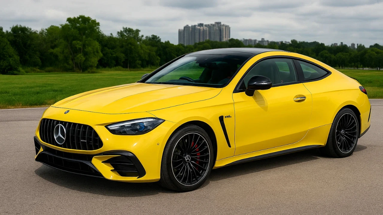 Yellow Mercedes-AMG CLE 53 shows its front profile.
