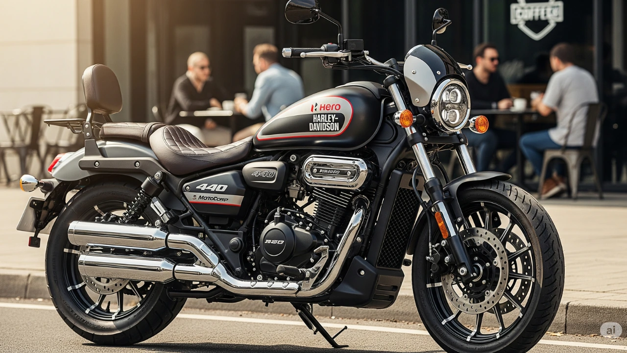 A close-up of a muscular cruiser-style Hero-Harley motorcycle, a collaborative 440cc bike, parked on a city street in front of a cafe.