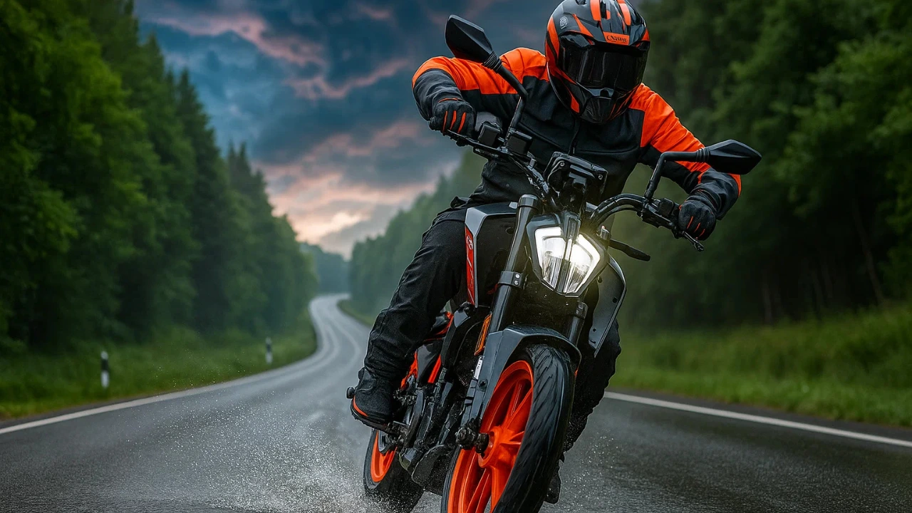 New KTM Duke 160 motorcycle in motion on a wet road, with a rider wearing a helmet and full gear.
