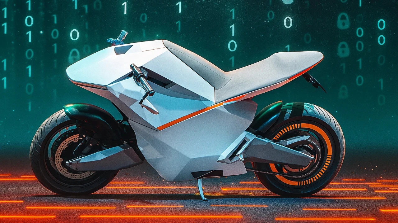 Futuristic Ola Diamondhead EV superbike concept on a digital road with binary code.
