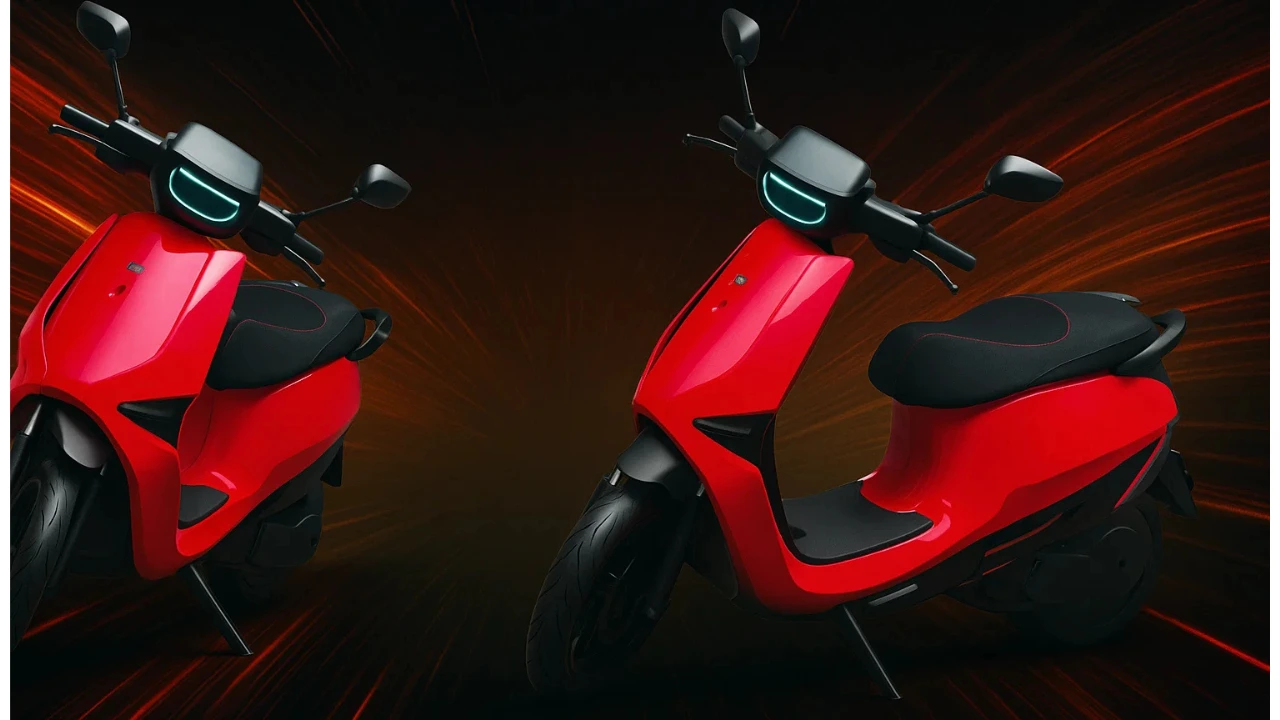 Red Ola S1 Pro Sport, India's first ADAS scooter, shown in two angles against a dynamic background.