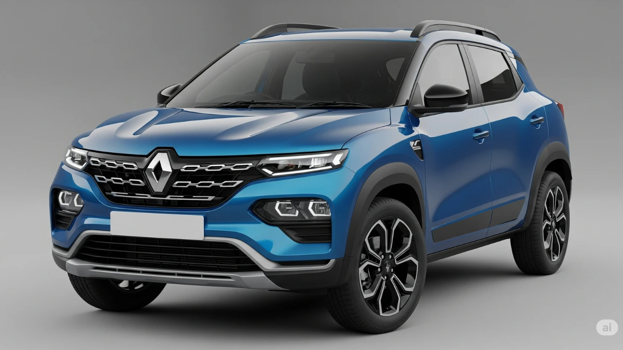Blue Renault Kiger facelift (2025) showcasing new logo and grille.