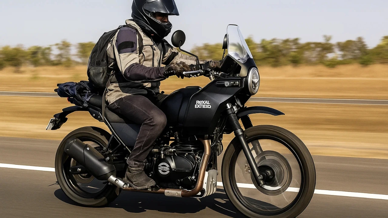 A man in full riding gear rides a black Royal Enfield Himalayan 750 with alloy wheels on a paved road, showcasing the new road-focused adventure motorcycle.