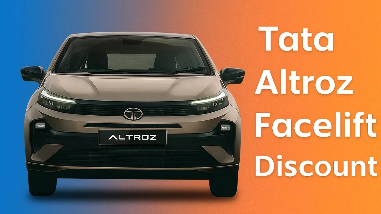 A front-view of the Tata Altroz facelift (brown) against a blue-to-orange background. White text reads "Tata Altroz Facelift Discount". Thumbnail for news on Tata Altroz Facelift Discounts.