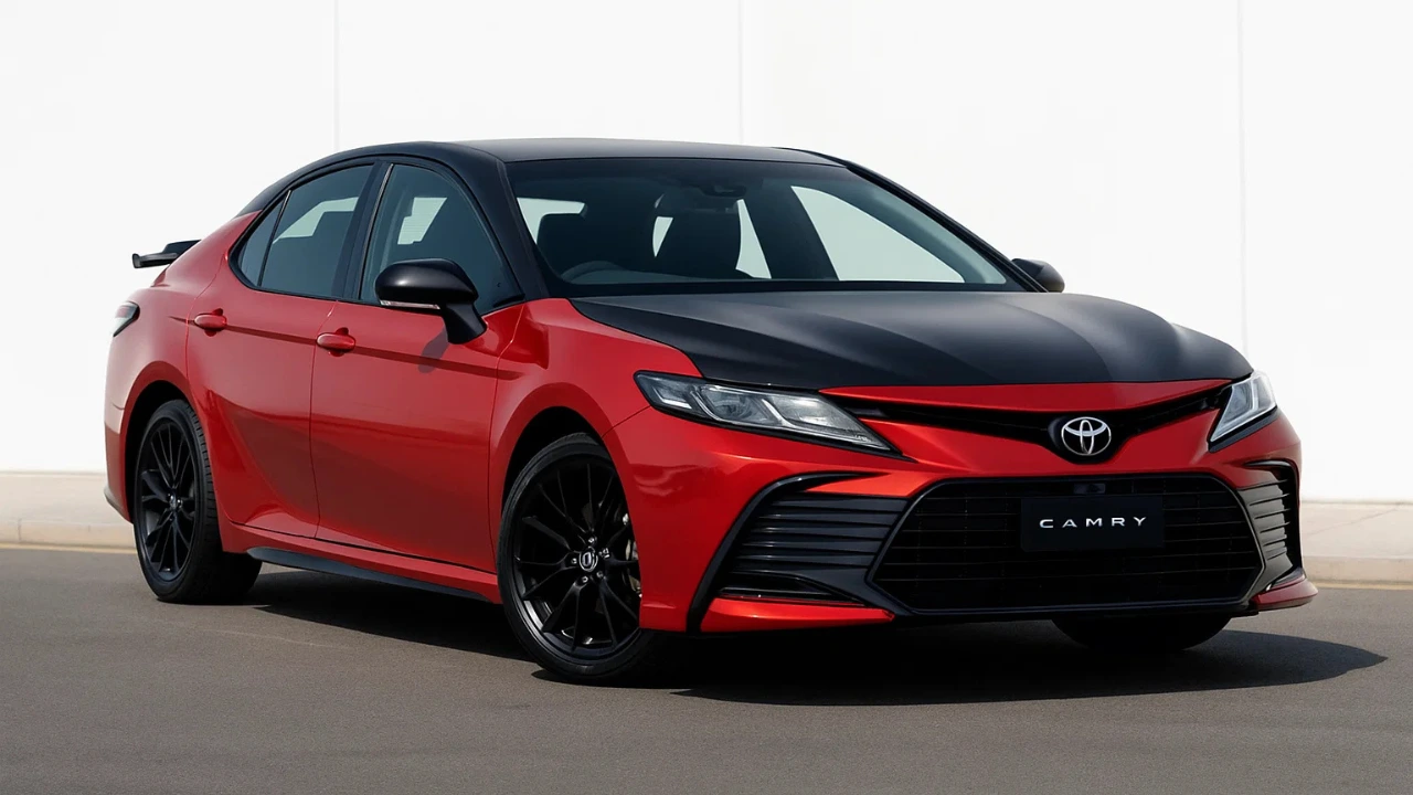 Toyota Camry Sprint Edition in India with dual-tone red and matte black finish, sporty body kit, and black alloy wheels.
