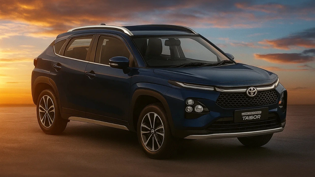 Toyota Urban Cruiser Taisor 2025 in new Bluish Black color showcased at sunset.