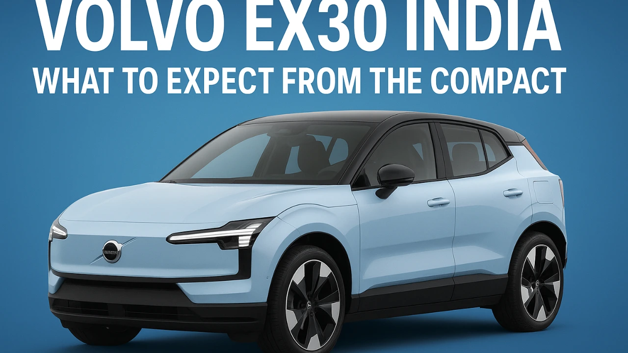 Volvo EX30 compact electric SUV in metallic blue with bold text overlay “What to Expect from the Compact EV” on a sleek blue gradient background.