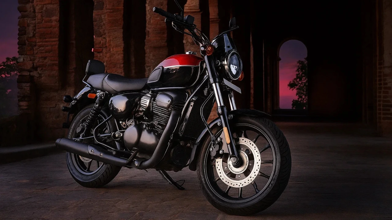 The new Yezdi Roadster 2025 in black and red, parked in a dramatic archway with a sunset background.